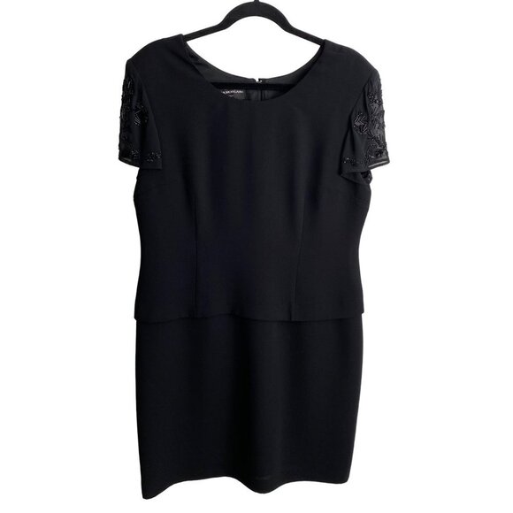 Donna Morgan Womens Formal Short Sleeve Beaded Midi Dress Size 14P Black Shoulde - Picture 1 of 12